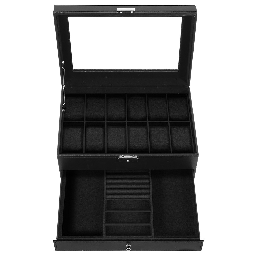 12 Slots Watch Box PU Leather Watch Case Lockable Jewelry Storage Display Case