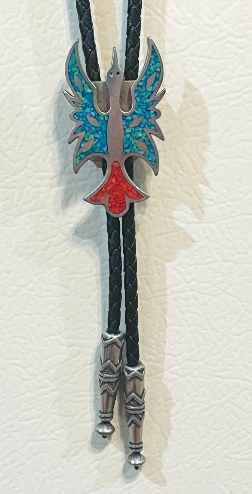 Vintage Western Turquoise Silver Peyote Bird Bolo Tie