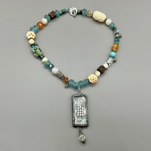 Mixed Bead Necklace Womens Teal Boho Artisan Lace Pendant Toggle Clasp 21 Inch