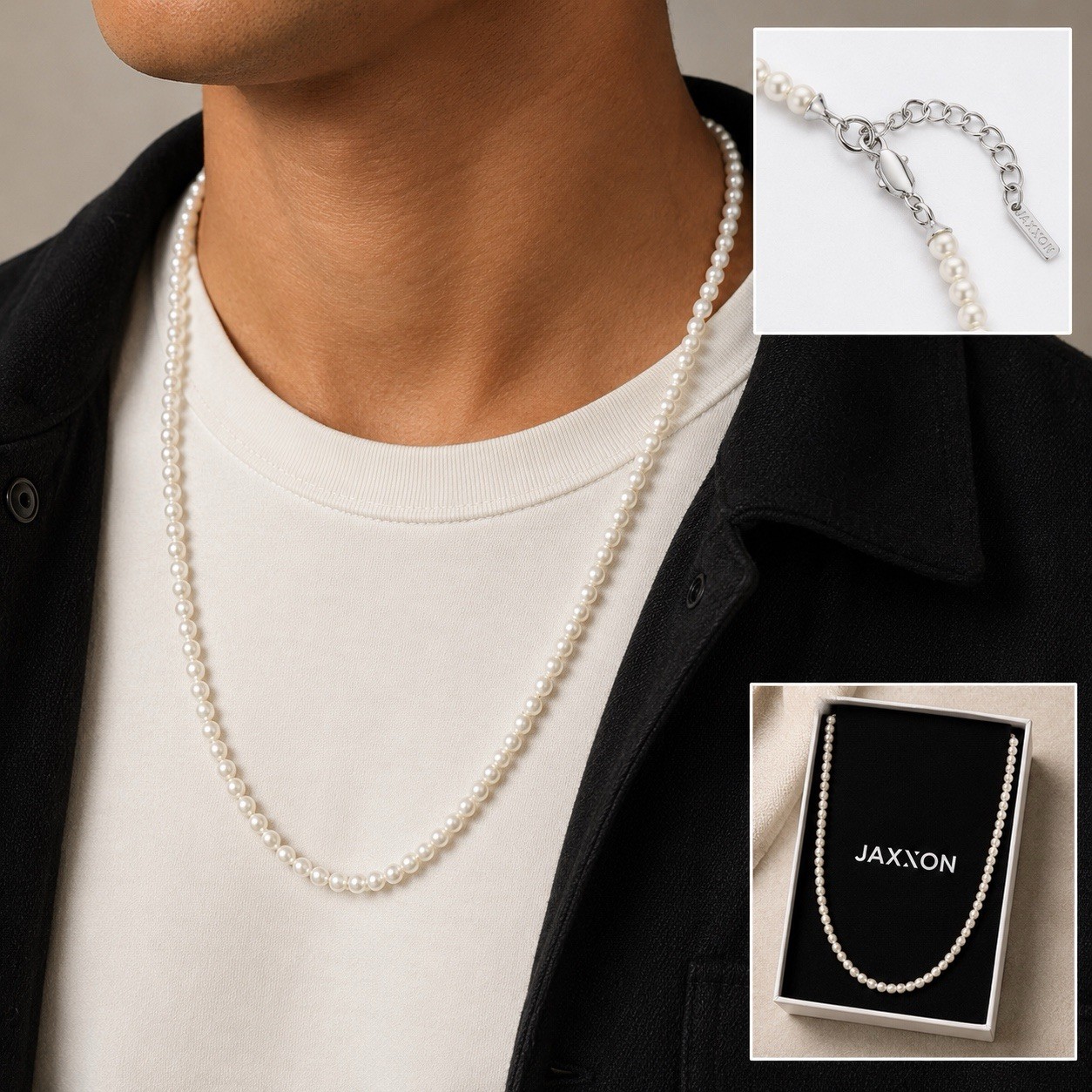 JAXXON Classic 4mm Shell Pearl And Platinum Bonded Steel Necklace – Adjustable