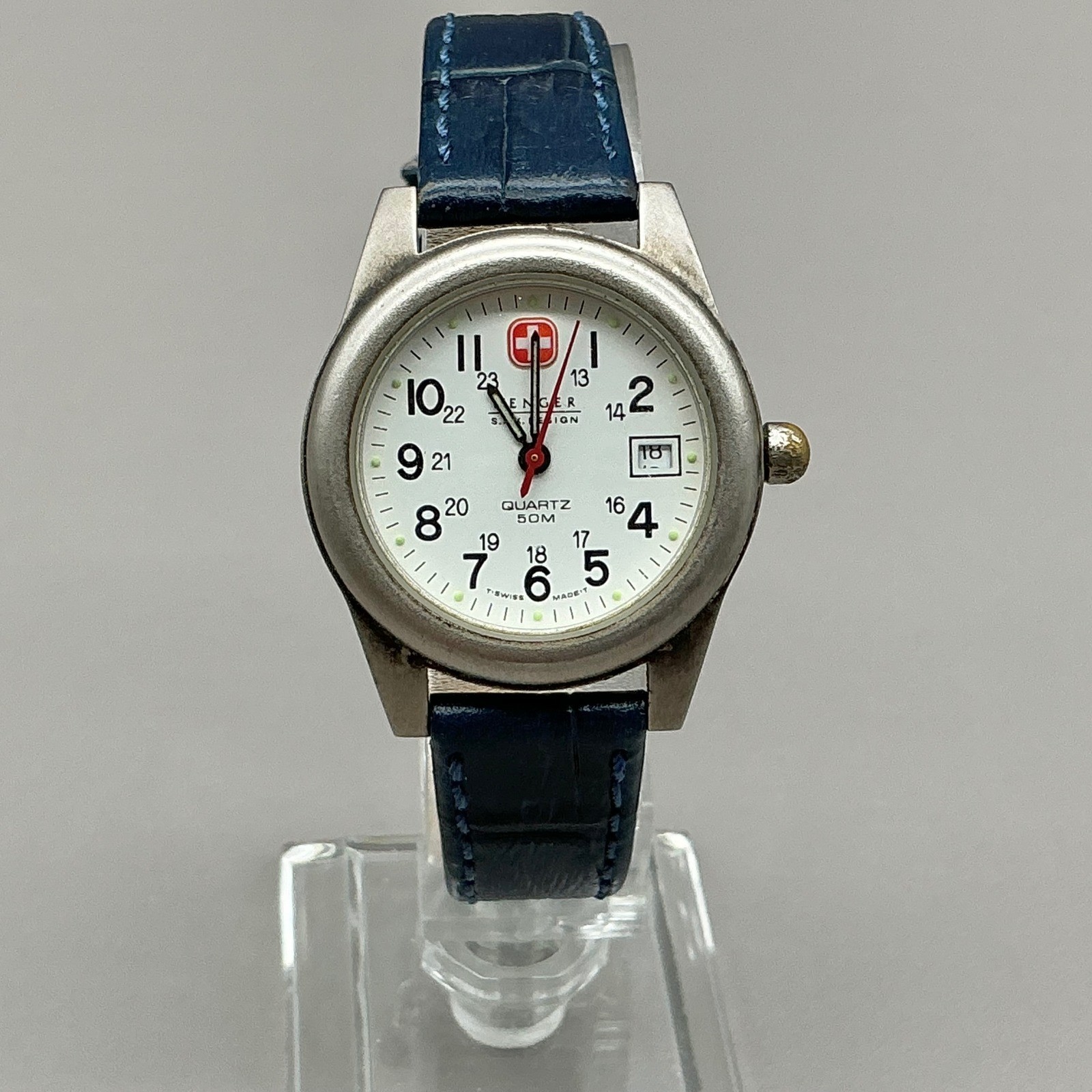 Wenger Watch Womens Silver Tone Blue Leather Band Military Style Date 8.25 In