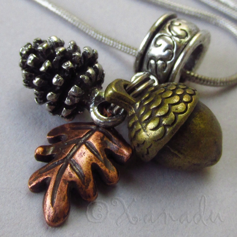 Fall Autumn Silver Pine Cone, Bronze Acorn, Copper Leaf European Charm Pendant