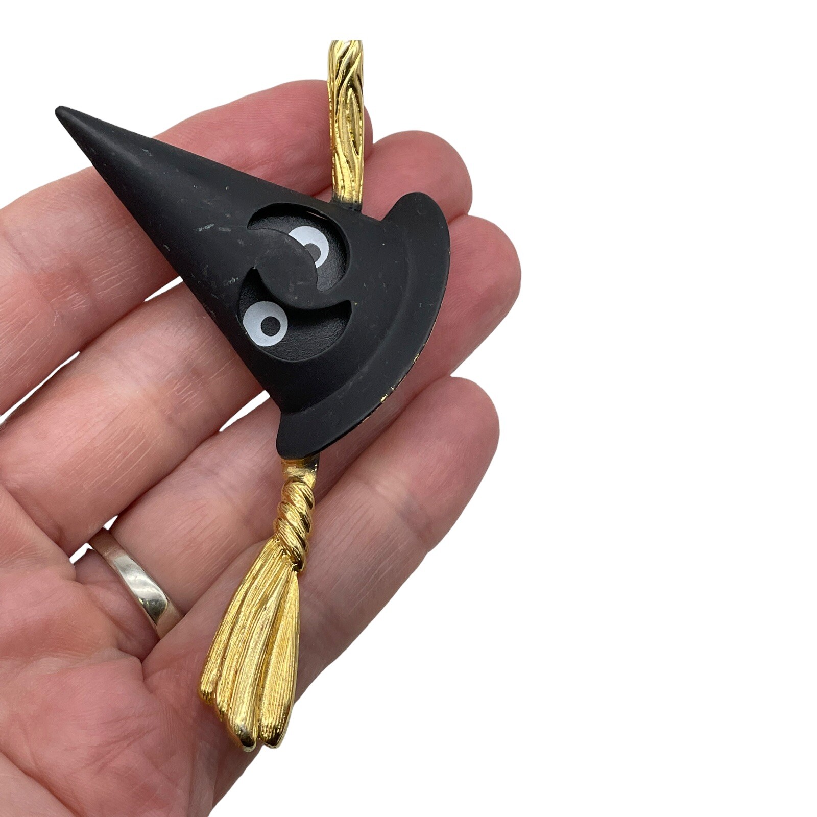 Vintage Halloween Tana Witch Hat Inset Eyes Brooch Pin Broomstick HTF