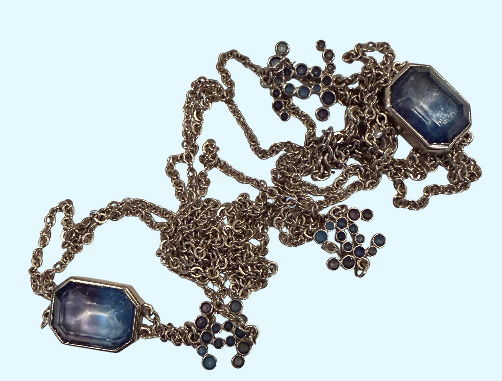 Chanel Multi-Strand Satoir Necklace With Blue Iridescent Crystal Chicklet Stones