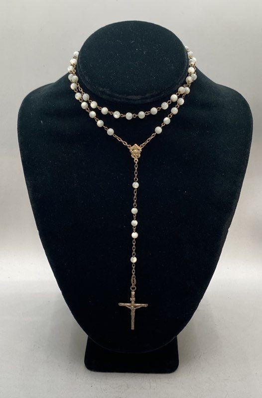 Vintage Italian 800 Silver Rosary Necklace White Iridescent Beads 24″ 17.0g