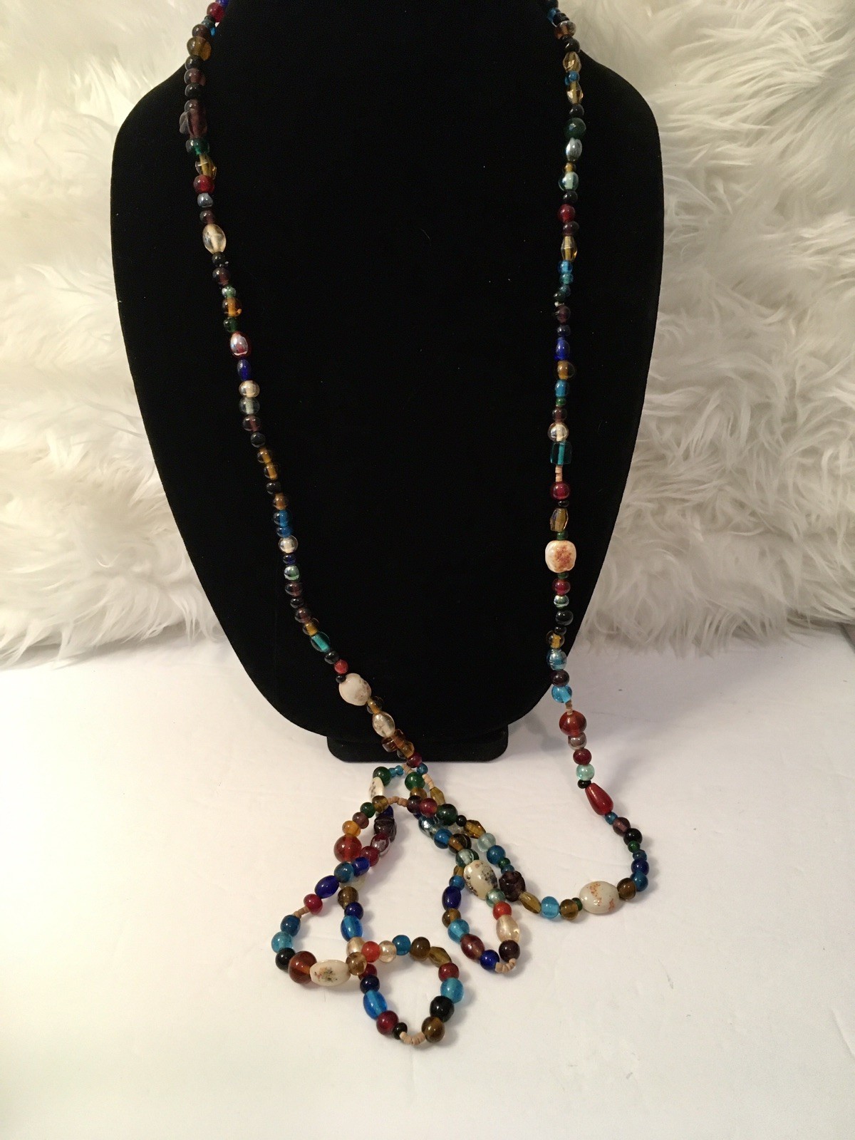 Italian Art Glass Beads In Multi Colors Various Shapes 58” Necklace Vintage