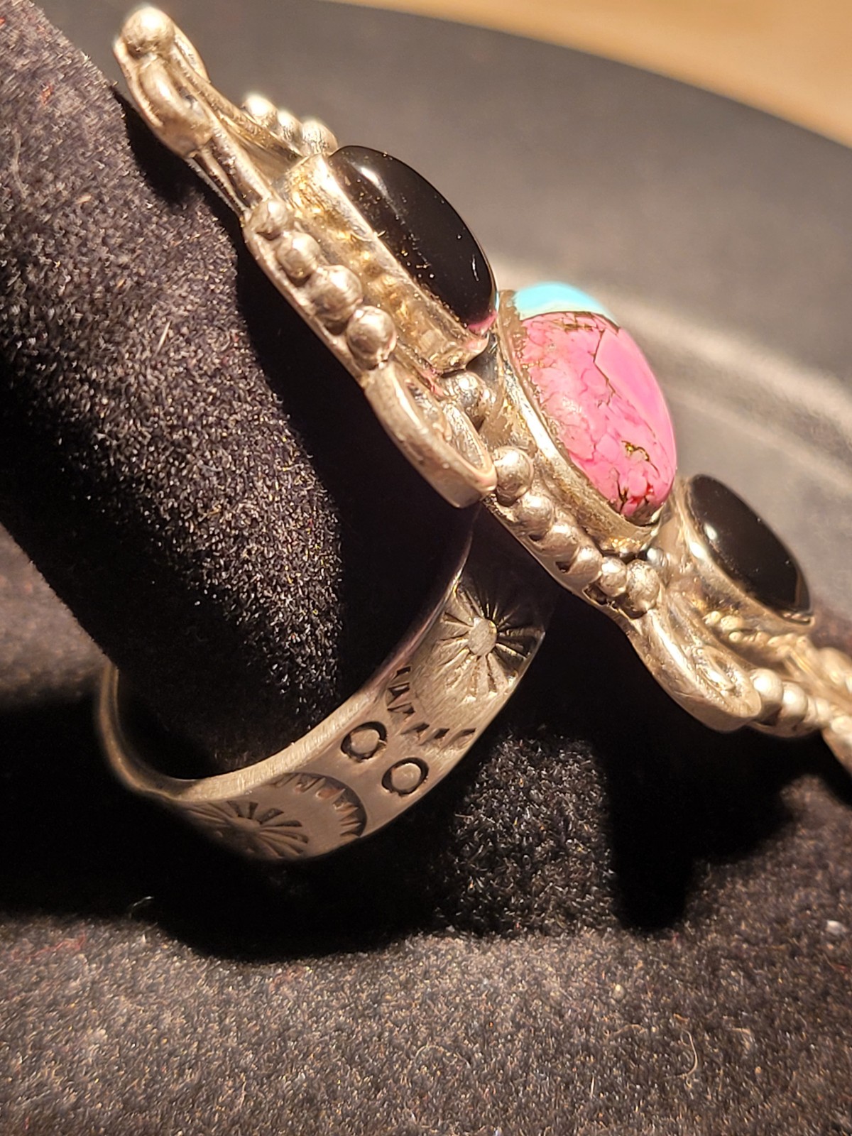 Cotton Candy Turquoise Black Onyx SS 925 Adjustable Southwestern Ring – handmade