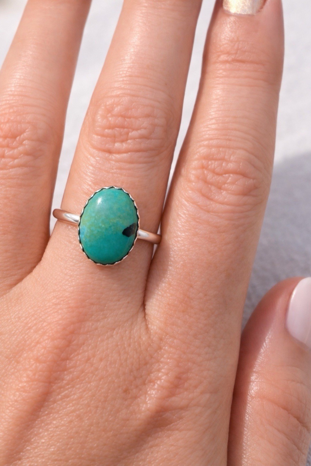 Turquoise Ring Sterling Silver Genuine Hubei Handmade Size 8 Oval Statement