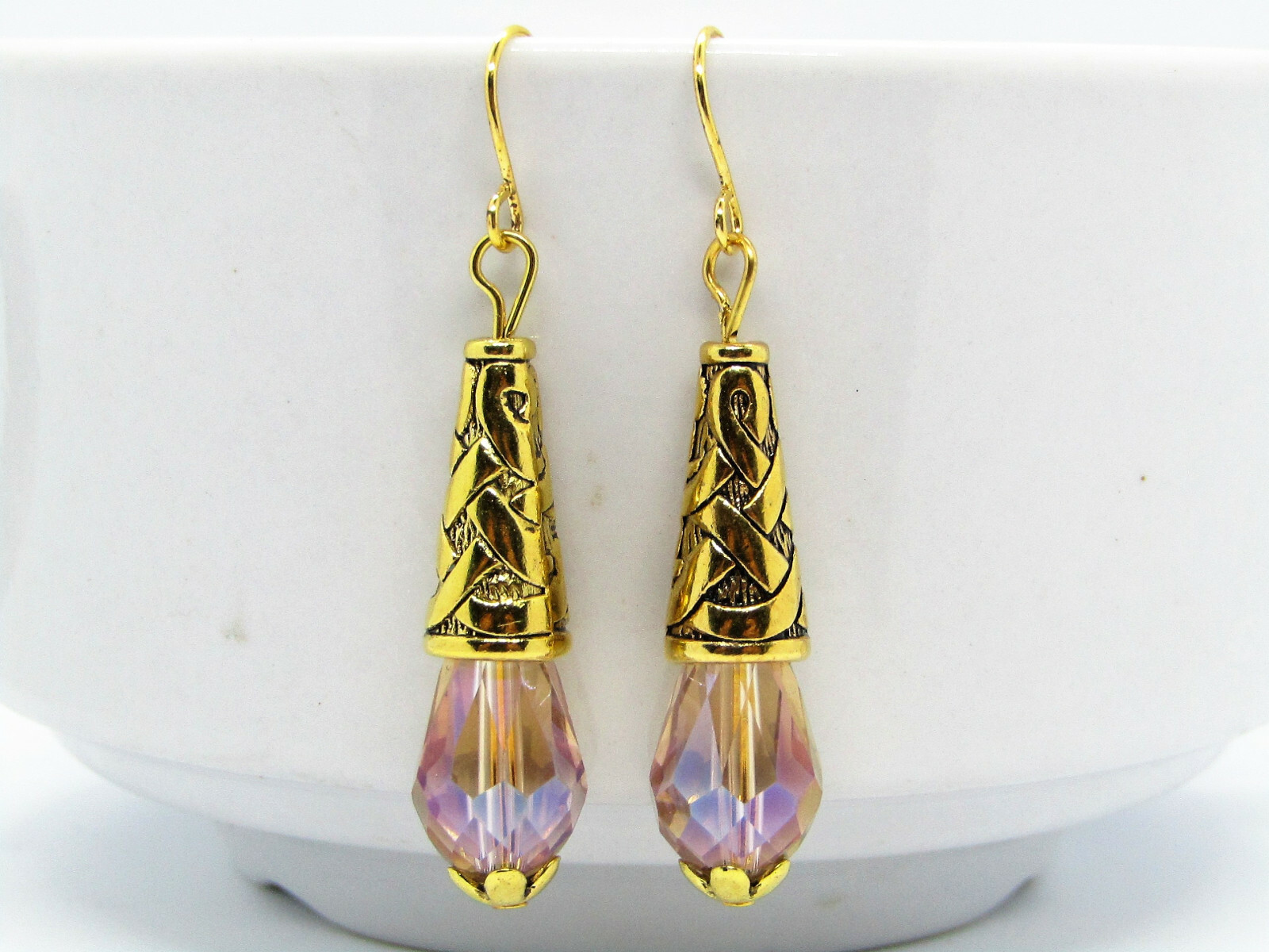 Artisan Made, Beige AB Teardrop Crystal Gold Dangle Earrings, Fashion Earrings