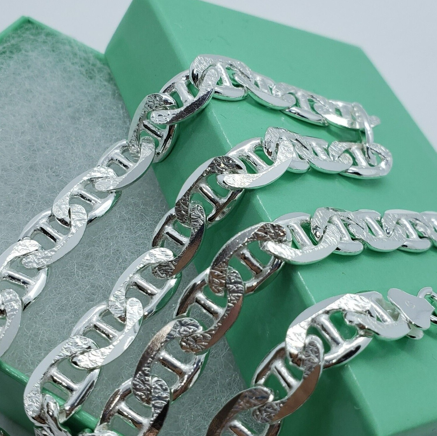 Sterling Silver D/C Flat Mariner Link Chain Necklace Bracelet Italy 8mm, 7″-30″