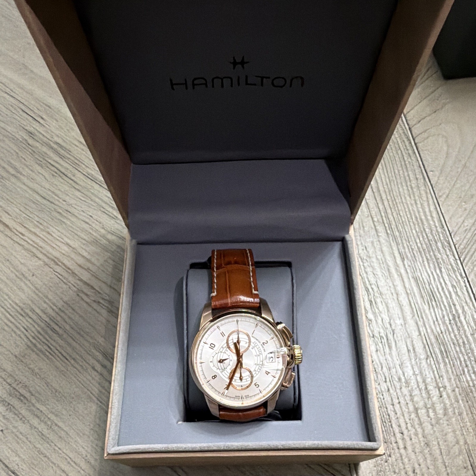 Hamilton Railroad Auto Chronograph 42mm RoseGold Steel Brown Leather Box