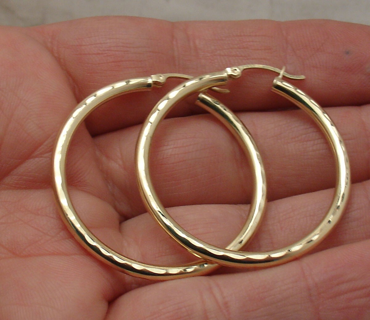 1.5″ Diamond Cut Hoop Earrings REAL 10K Yellow Gold FREE SHIPPING 3mm X 40mm