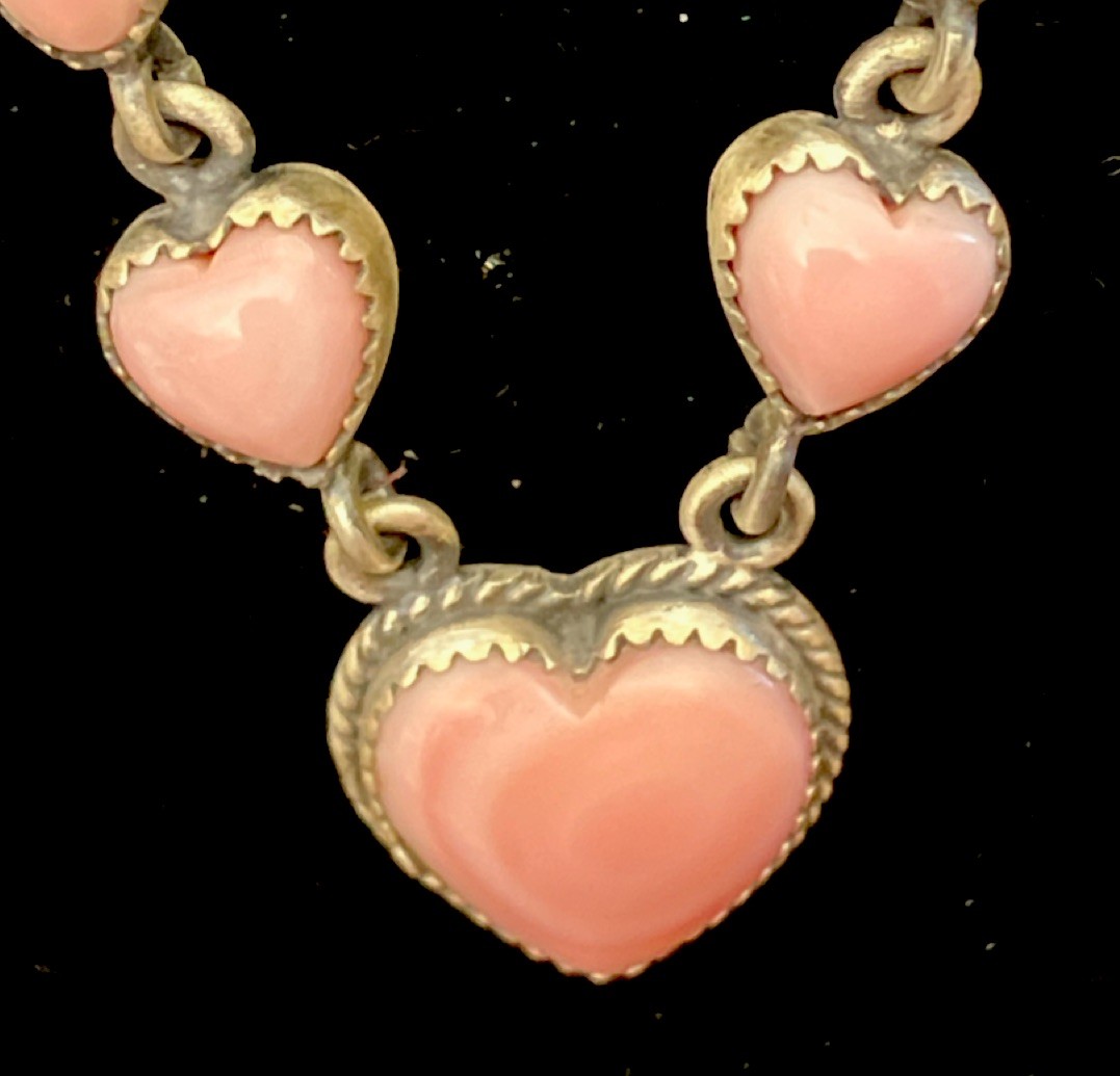 Pink Conch Shell Heart Station Necklace 18″ Cable Signed Natural Sterling 925