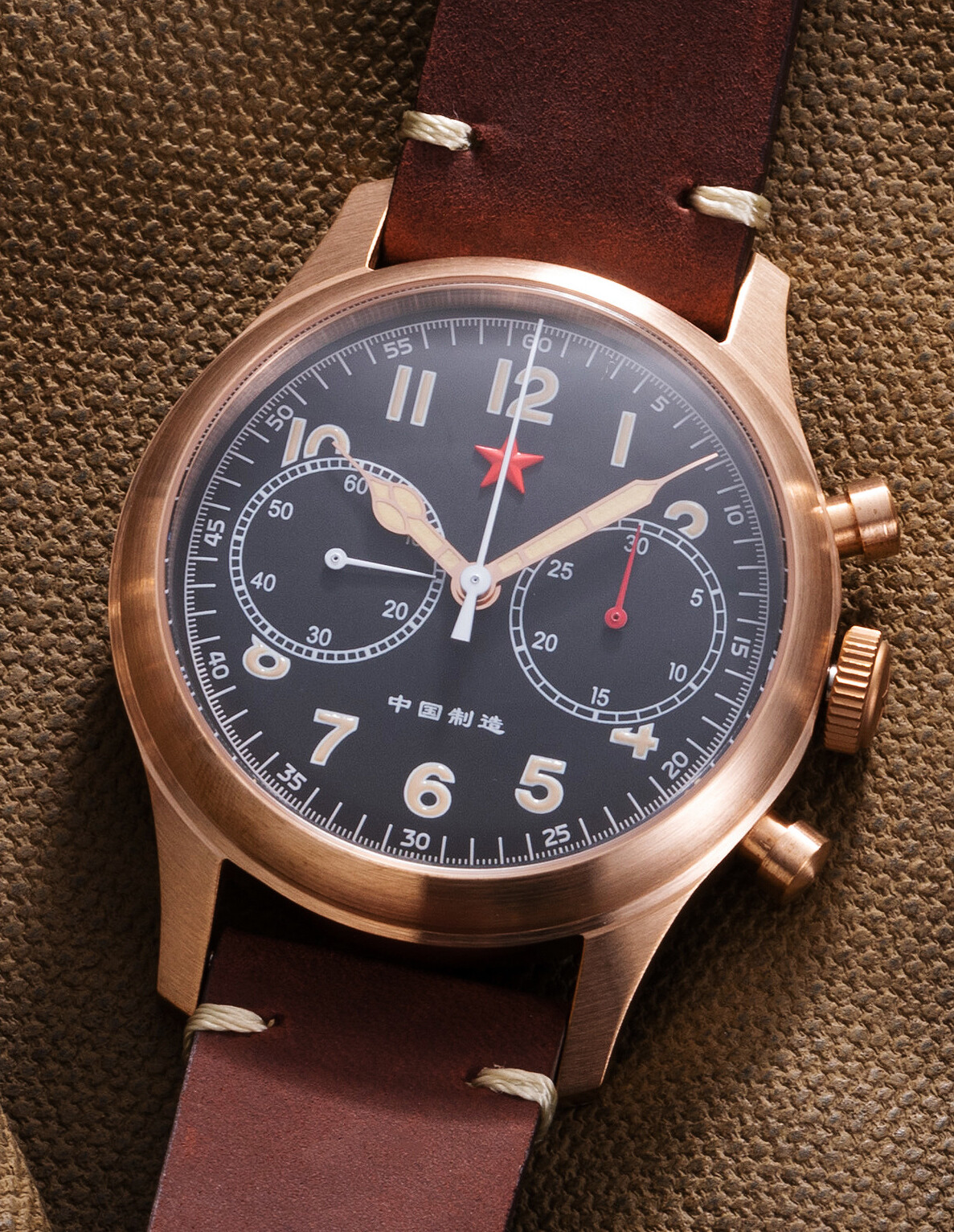 RED STAR 1963 Bronze Cusn8 SEAGULL ST19 Chronograph Watch 40mm Swan Neck 50M C3