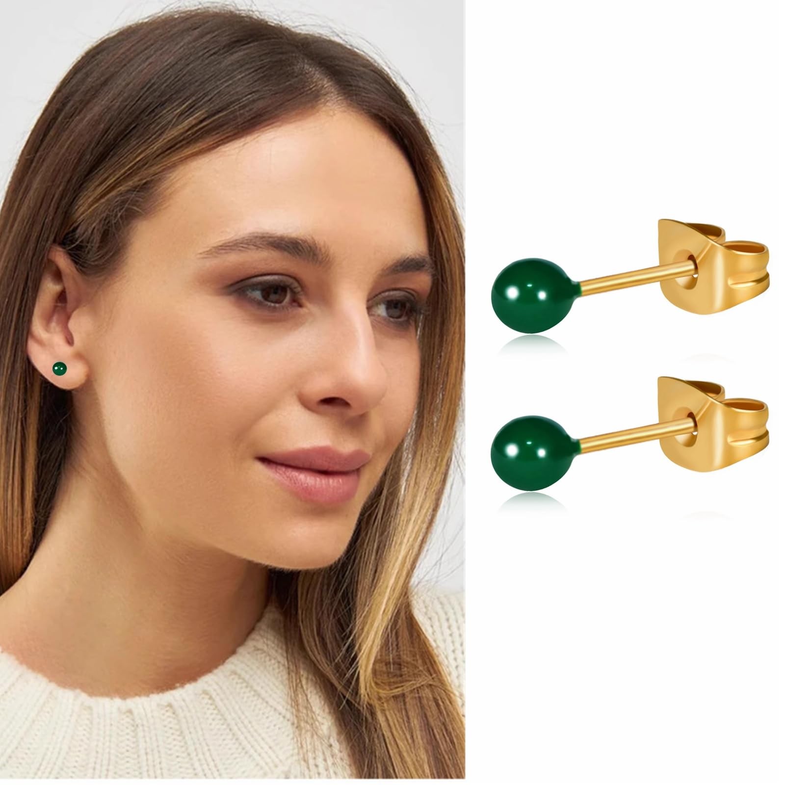 14K Gold Surgical Steel Small Ball Stud Earrings for 3mm, Green 3mm 1 Pairs