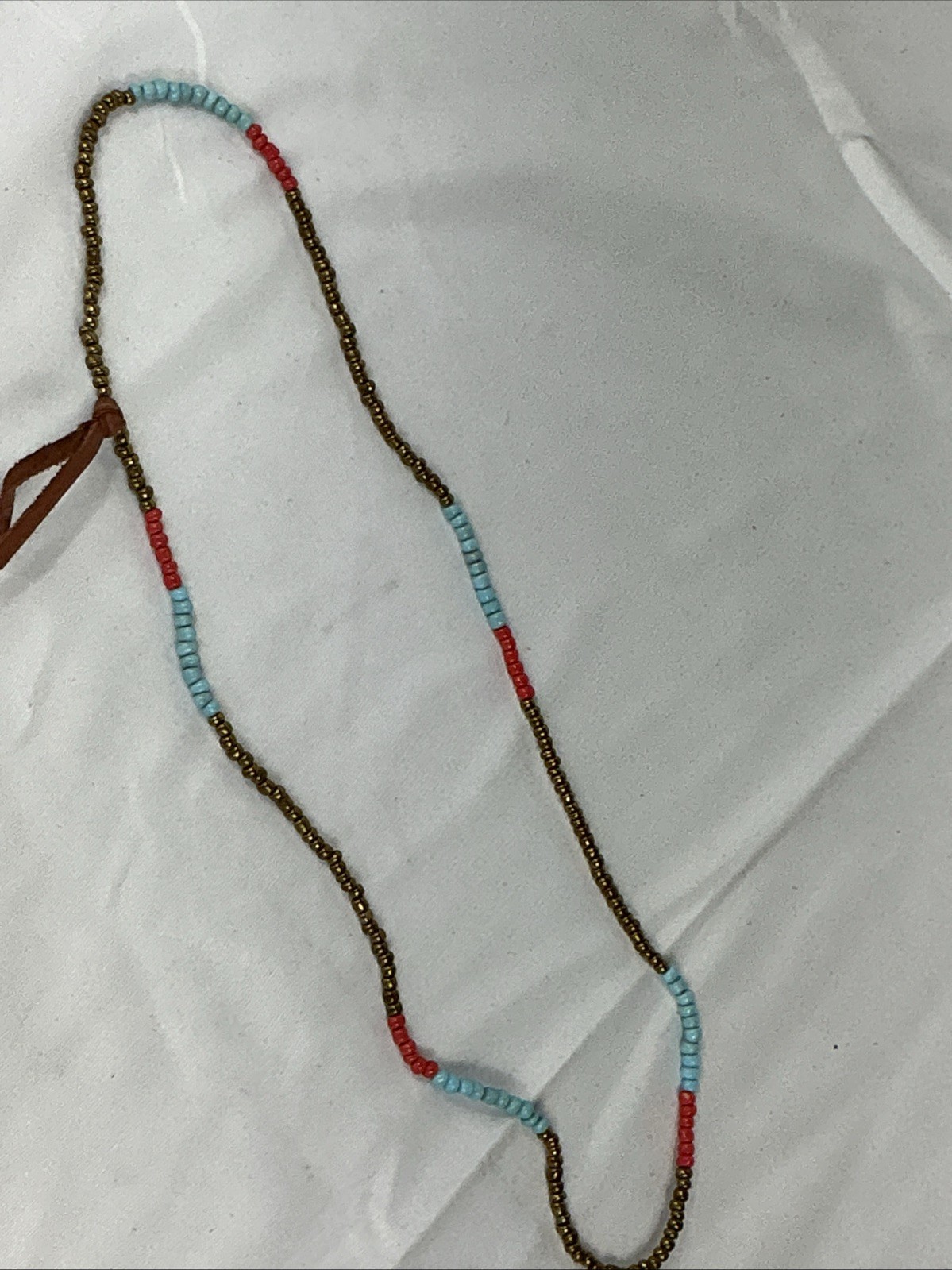 RTH Brass Blue & Red Glass Beaded Leather Knot Necklace 28” Length