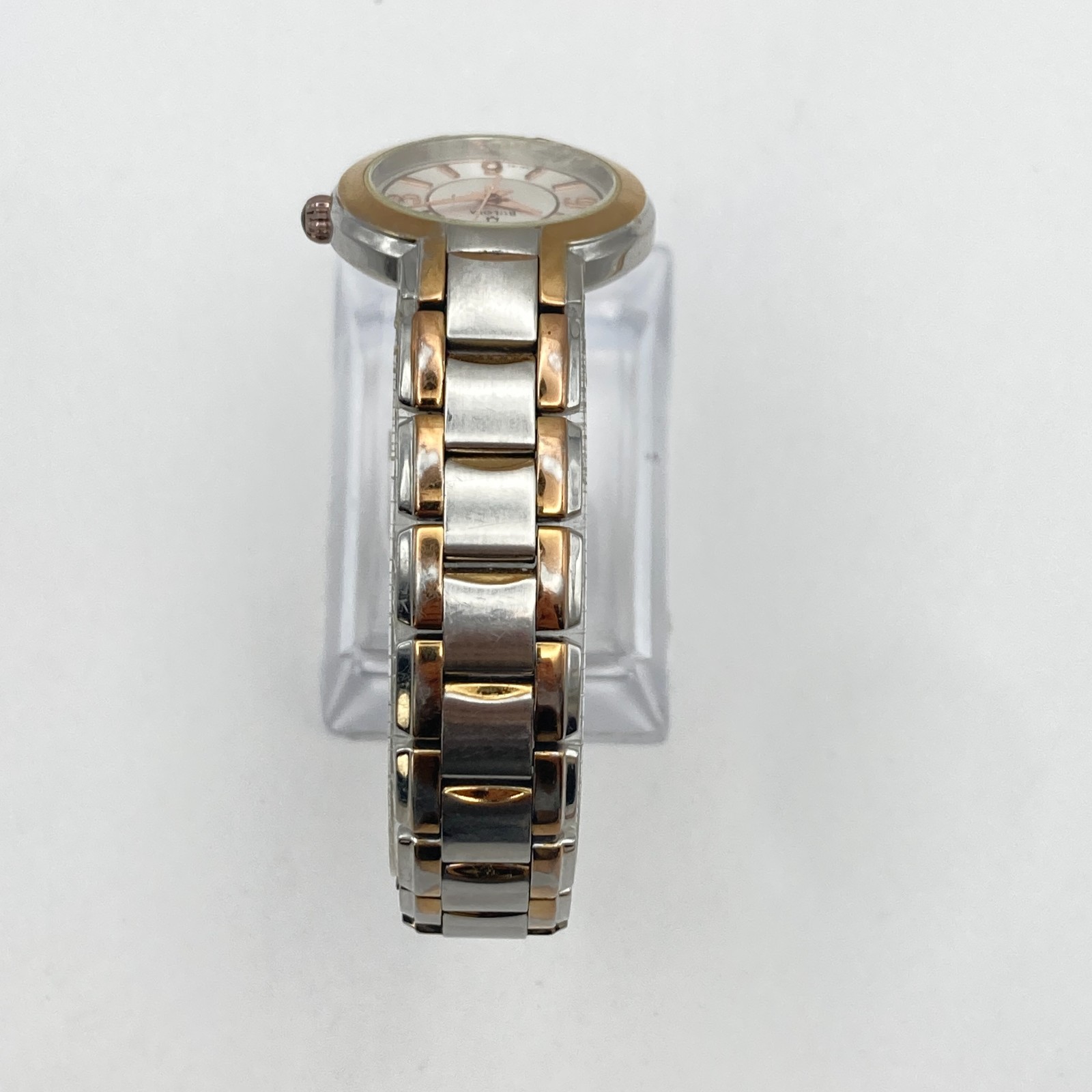 Bulova Women’s Watch Silver Rose Gold Tone FLAWED CRYSTAL 98L153 New Battery 7″
