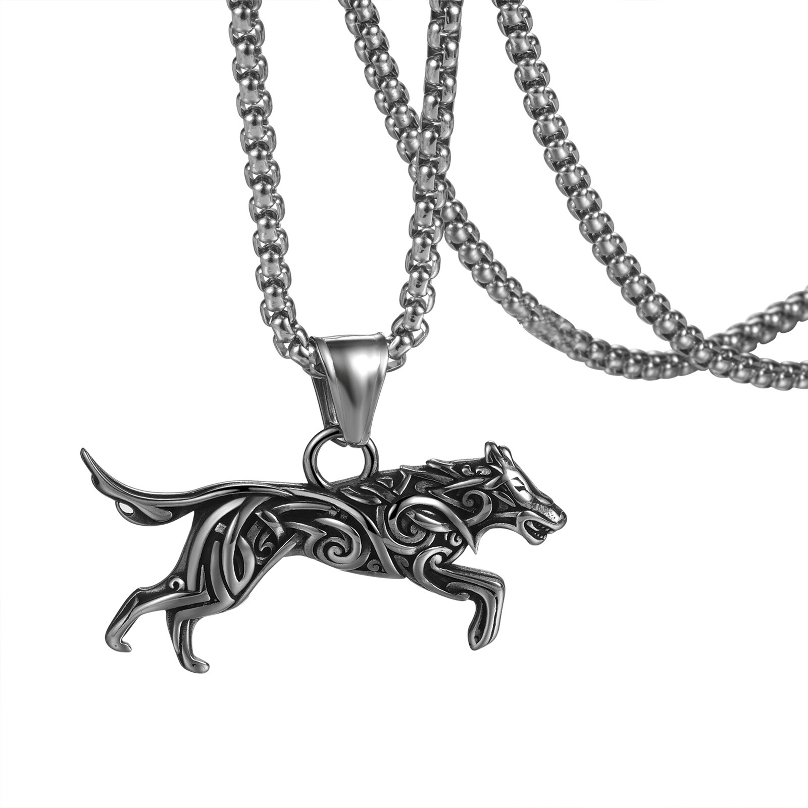 Mens Nordic Viking Wolf Necklace Stainless Steel 3D Fierce Running Wolf Necklace