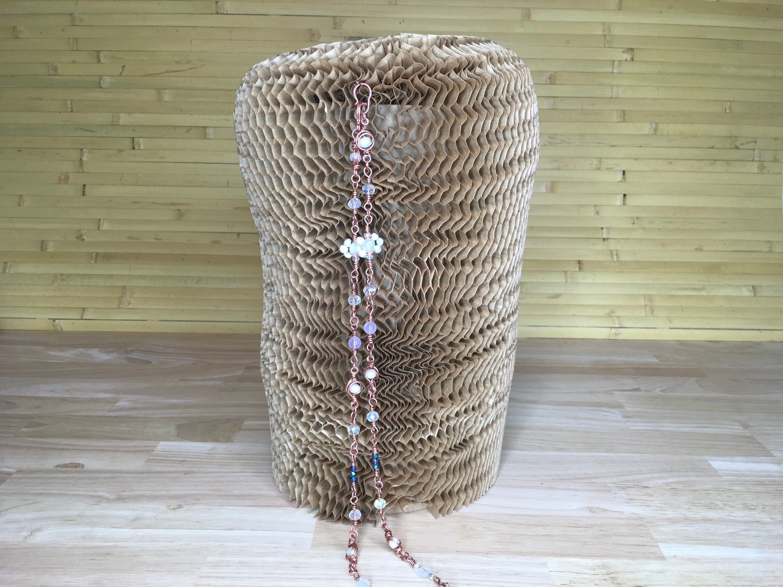 Artisan Long Necklace Pearls Moonstone Amethyst Beads, 4 Hook Wire Wrap Handmade