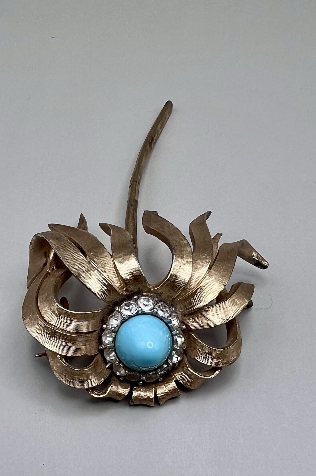 Vintage MARCEL BOUCHER Brooch Faux Turquoise & Rhinestone Flower 7849P SIGNED