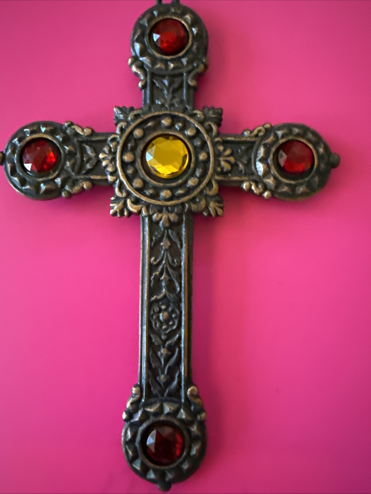 Vintage Brass Red And Yellow Gem Cross – Pendant Or Ornament