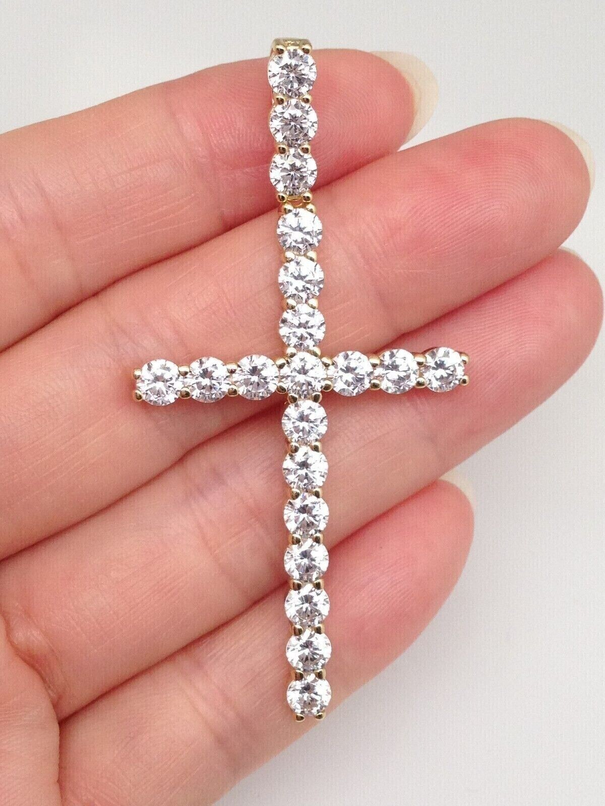 Men 925 Sterling Silver CZ Long Tennis Cross Pendant Gold Cross 1.77″/2.36″