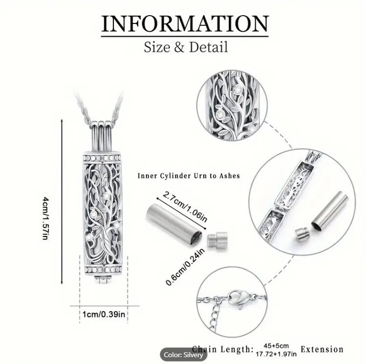 Tree of Life Cylinder Urn Pendant Necklace for Cremation Ashes Memorial Jewelry