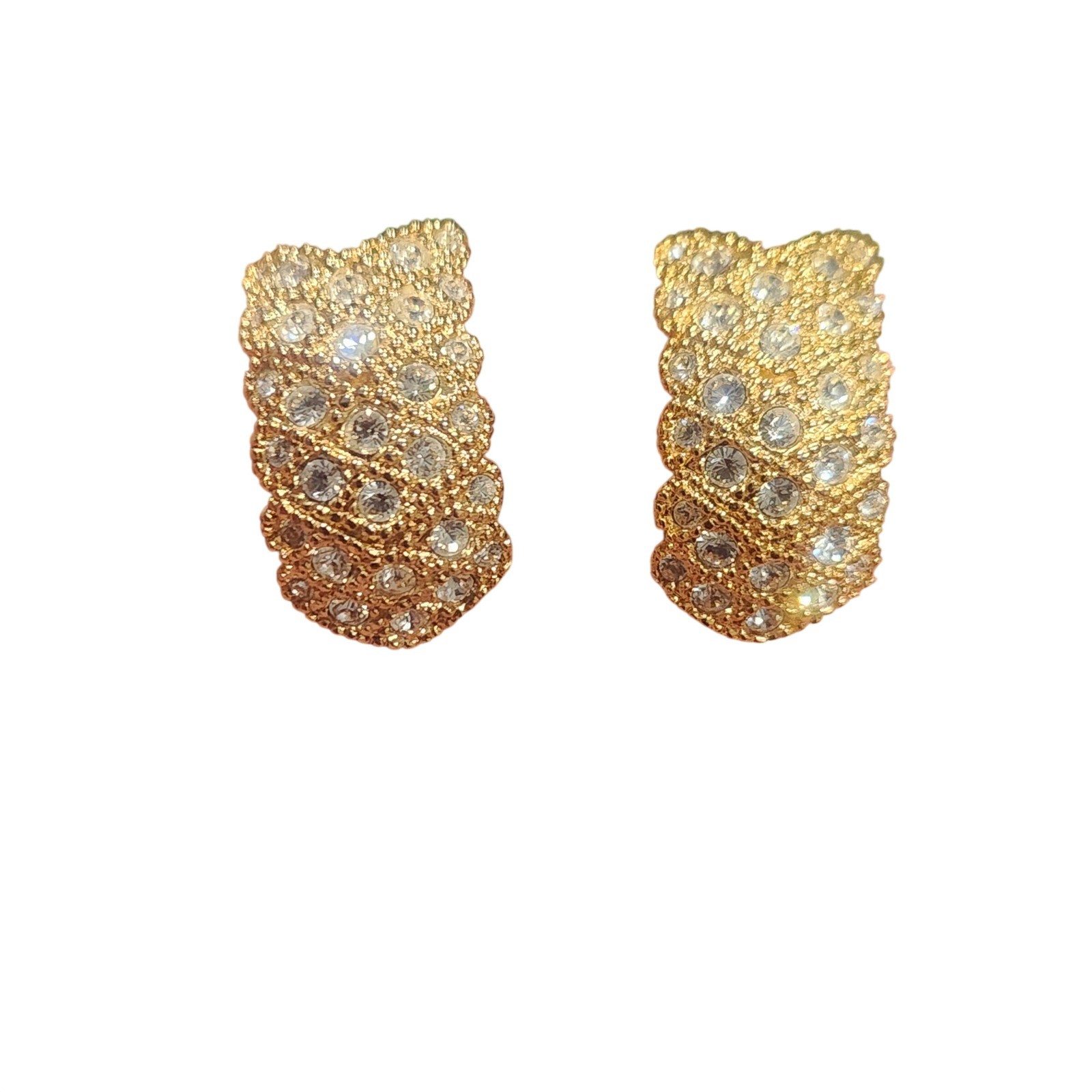 Gold Tone Pave Rhinestone Clip On Earrings Vintage Style Scalloped J Hoop