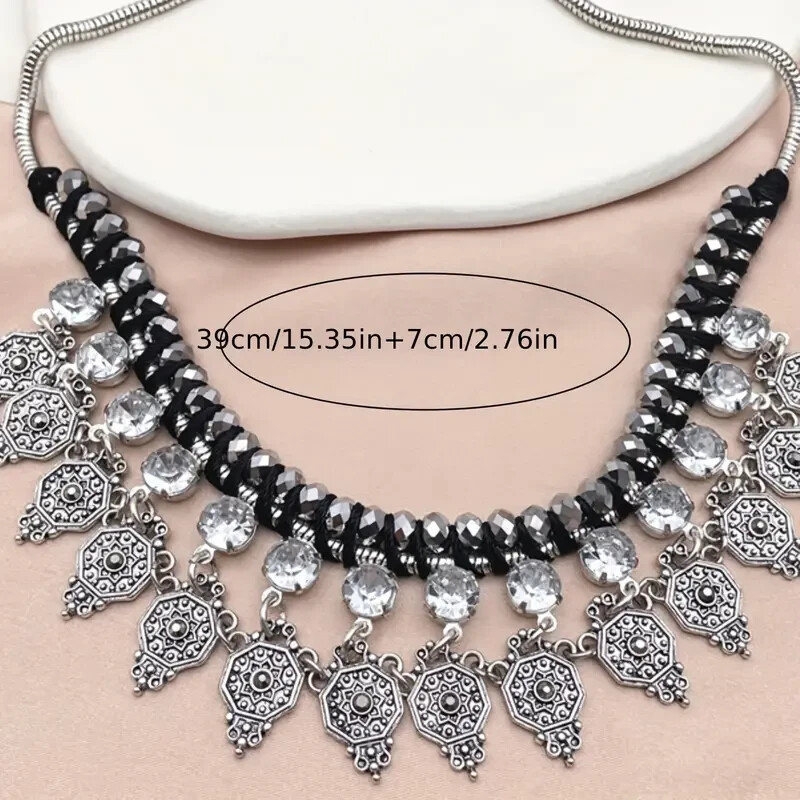 Grey Glass Beads Black Cord Wrapped Rhinestone Dangle Silver Tone Necklace