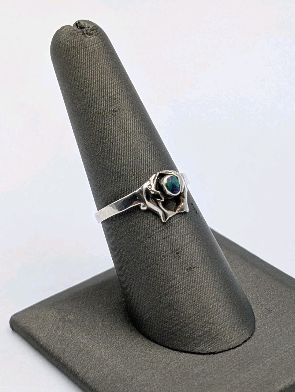 Peter Stone PSCL Vtg Sterling Silver Oval Azurite Double Dolphin 925 Ring Sz 7.5