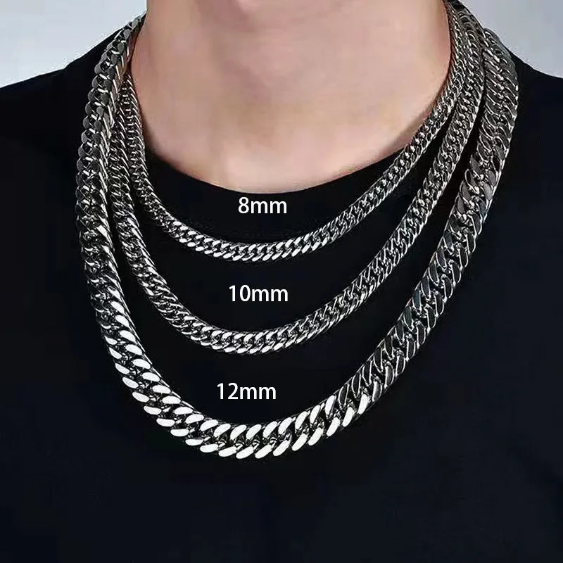 8MM-14MM Stainless Steel Cuban Chain Necklace For Men Punk Thick Long Neck Male