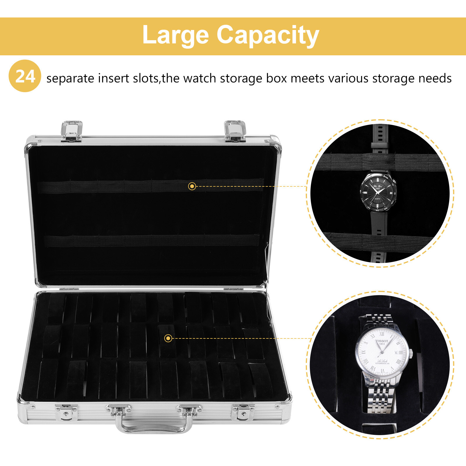 24+8 Slots Aluminum Watch Case Lockable Storage Box Jewelry Display Suitcase