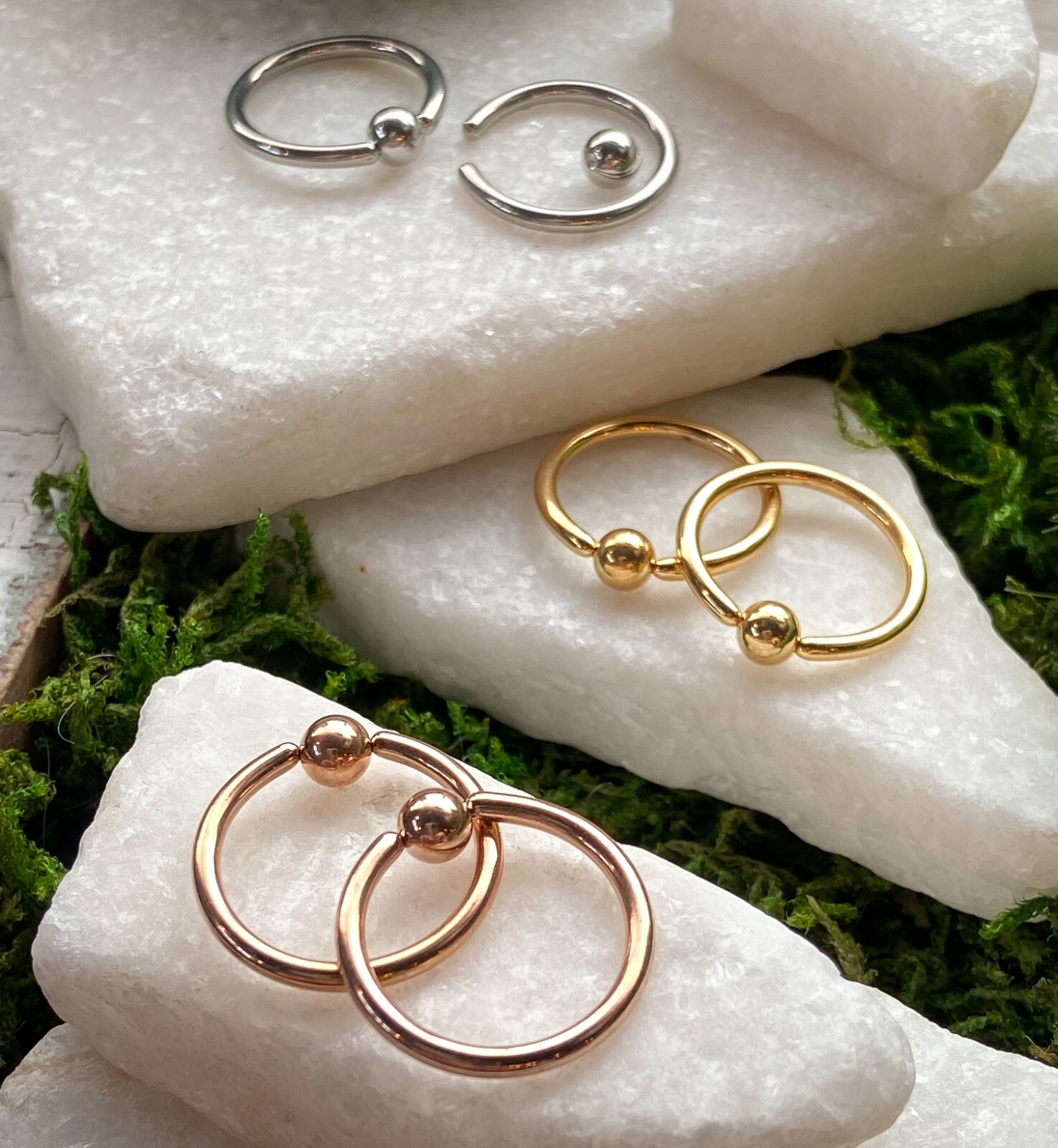 3 PAIR Value Pack Steel, Gold and Rose Gold Captive Bead Rings CBR’s 16g 14g