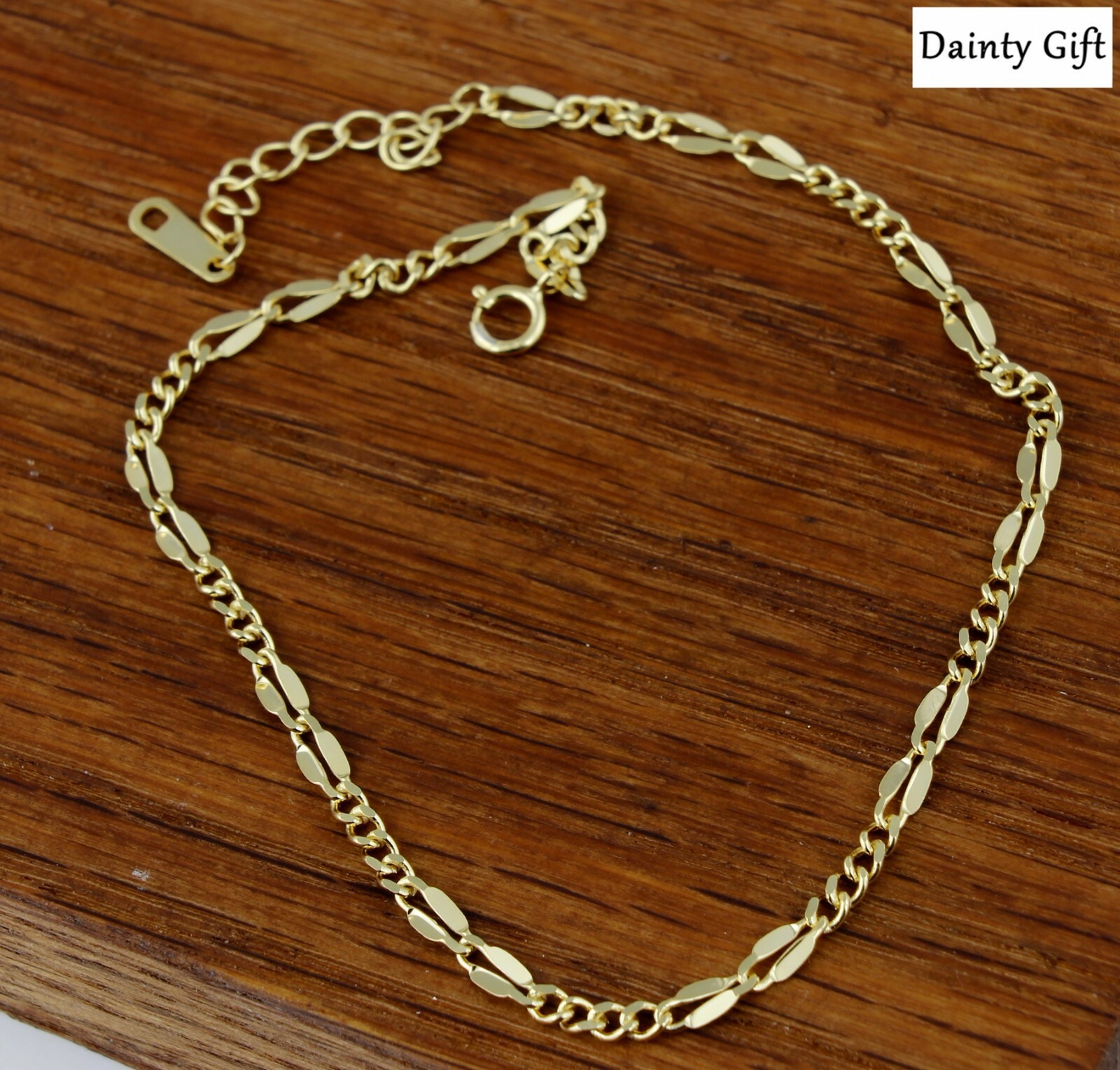 Women / Girl 925 Sterling Silver Gold Figaro Link Chain Anklet Bracelet 8-9.5″