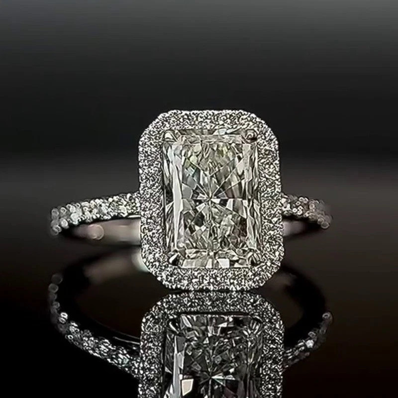 3.75 Ct Radiant Cut Real Moissanite Halo Engagement Ring 14K White Gold Plated