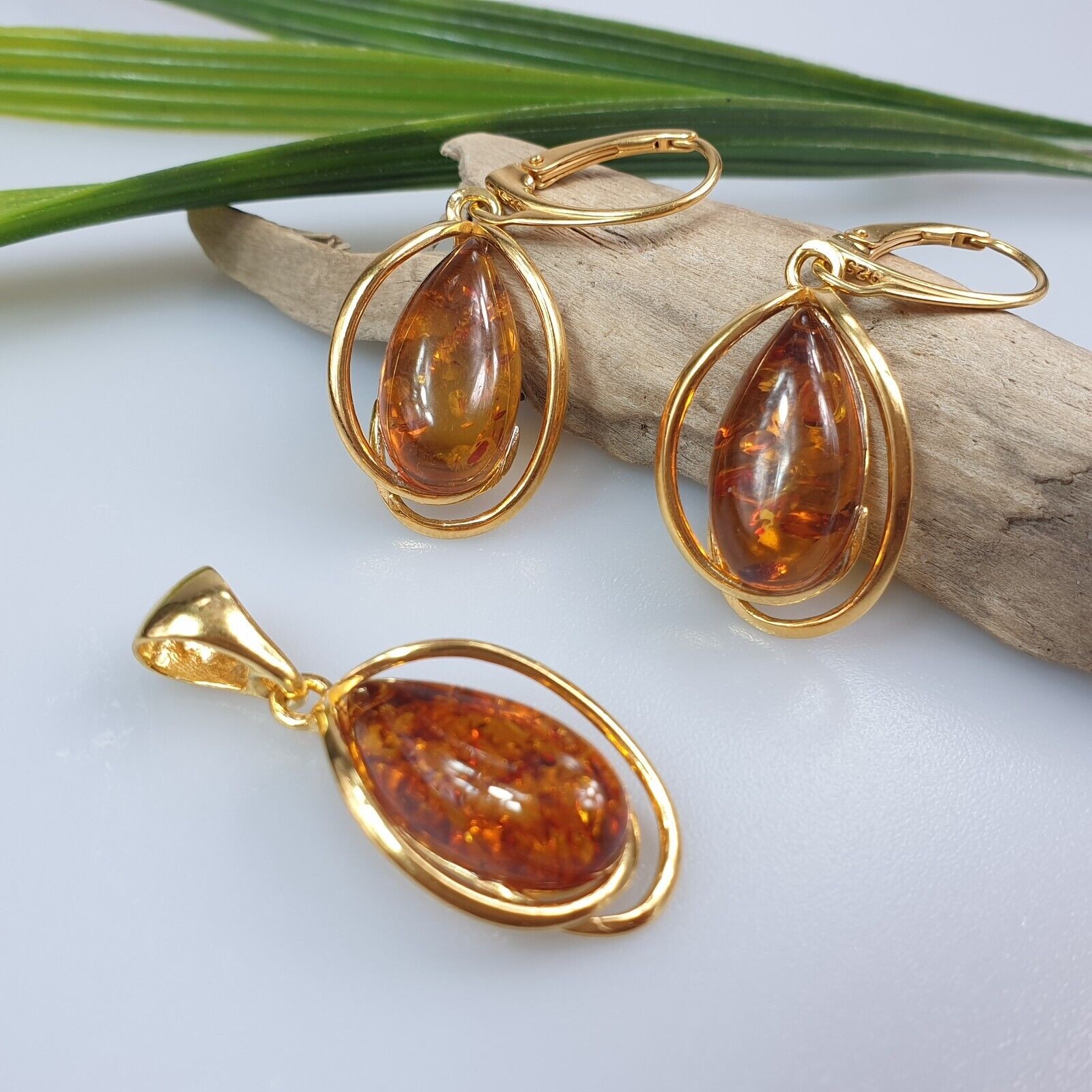 Amber earrings and pendant gold plated jewelry handmade real drop shape.