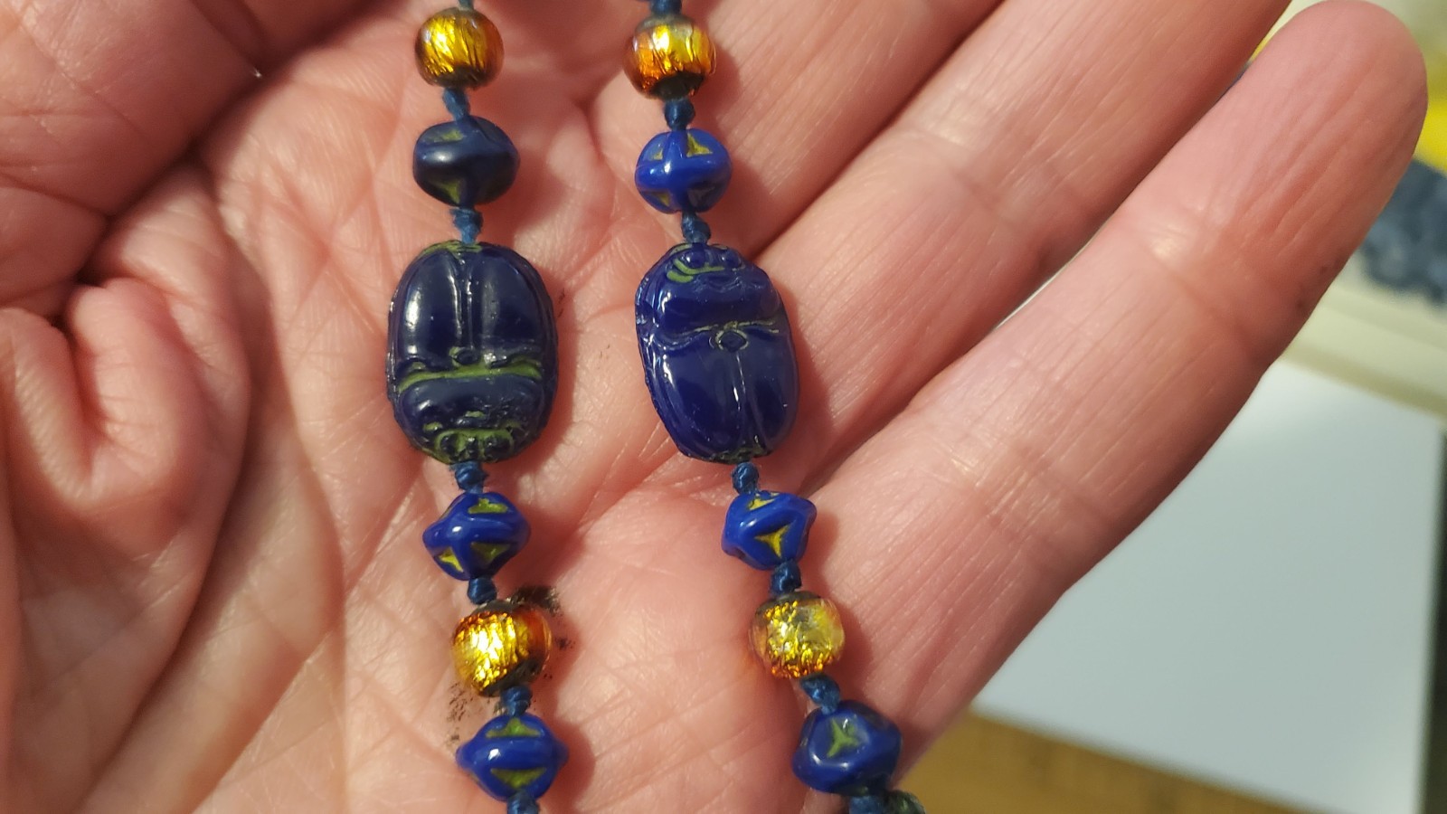 Antique Neiger Brothers Czech Egyptian revival scarab cobalt blue murano foil
