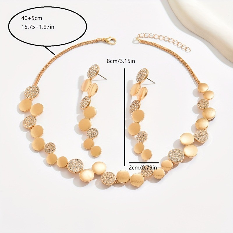 Gold Tone Sequin Disc Necklace Earrings Set Rhinestone Circle Choker Jewelry W