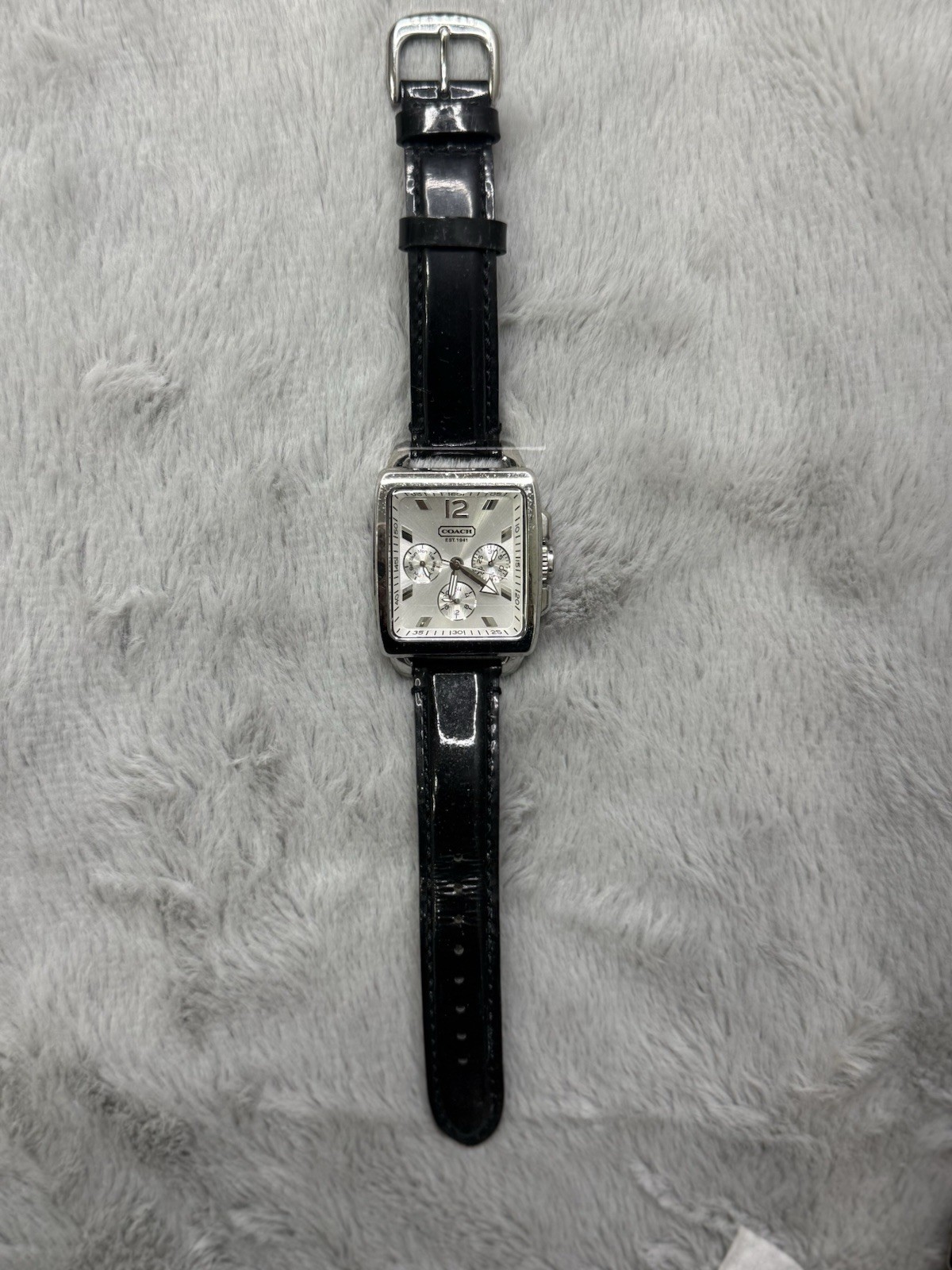 Coach Womens Watch Square Chronograph Black Patent Leather Band