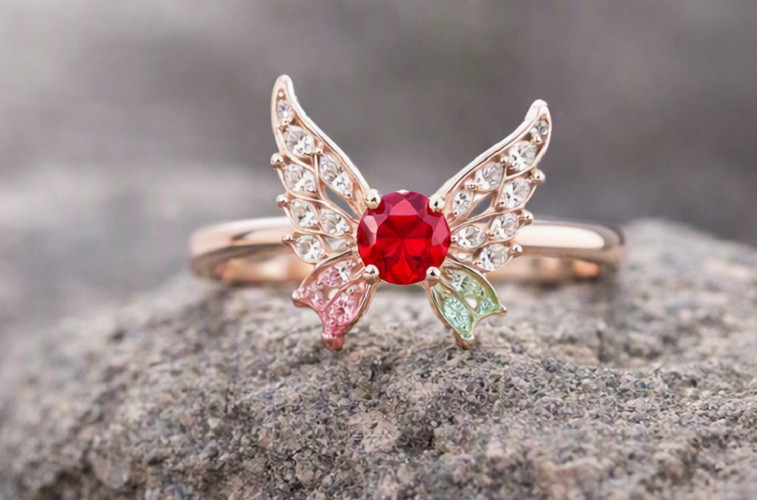2ct Round Cut Simulated Red Ruby/CZ Butterfly Cocktail Ring 14k Rose Gold Plated