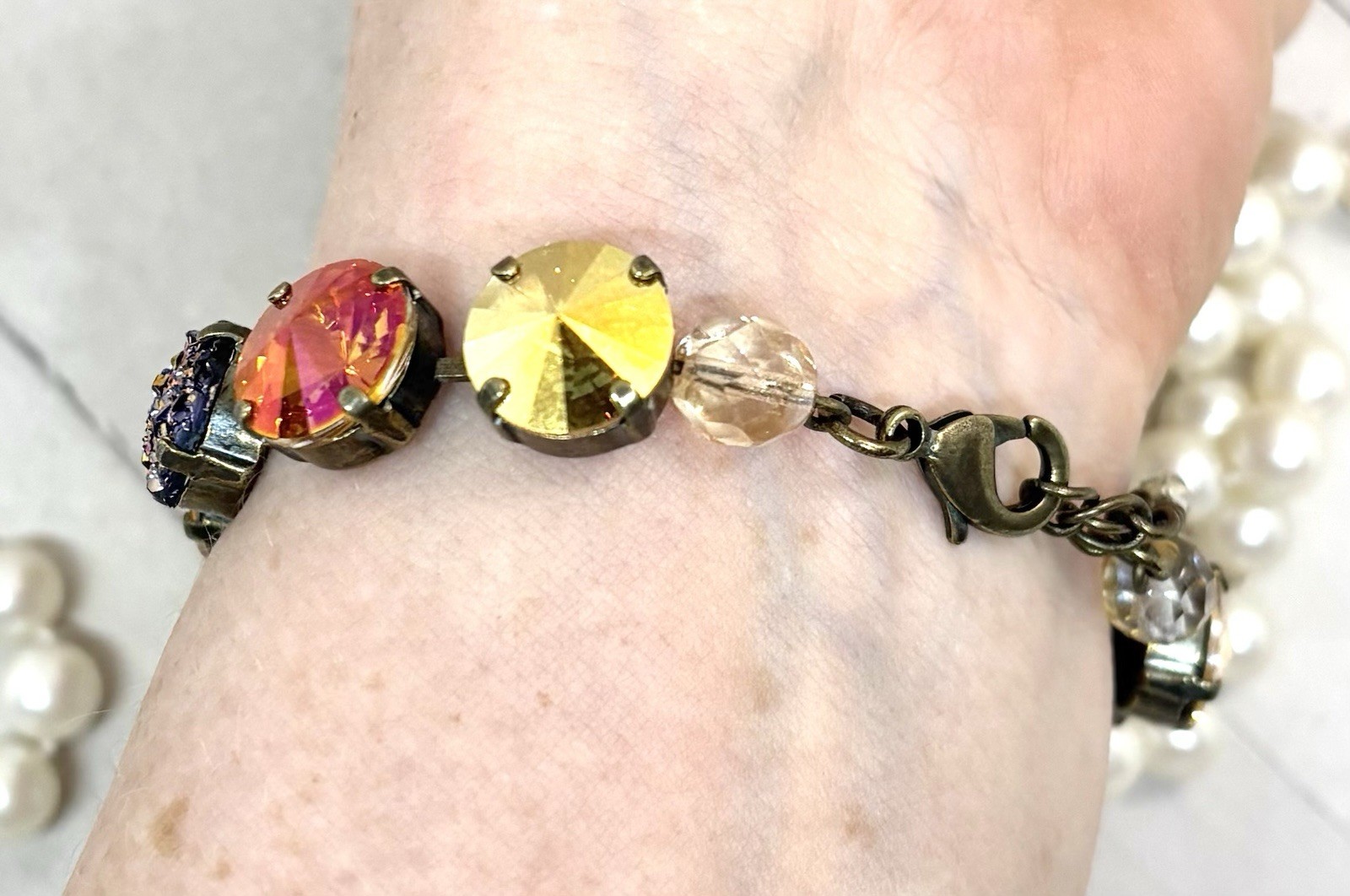 Brass Plated Orange Glitter Cup Chain Bracelet made with Metallic Gold Crystals