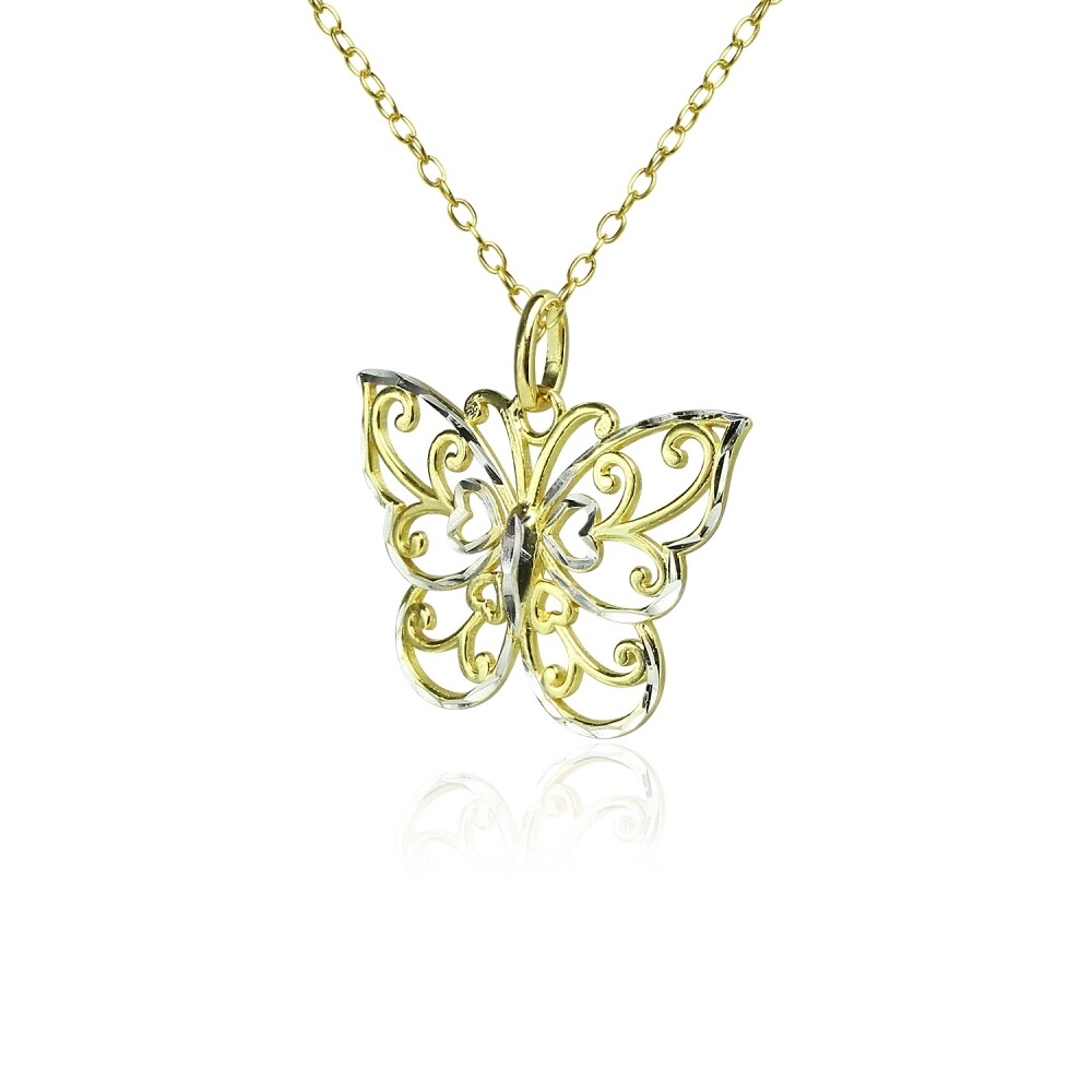 Gold Tone over Two-Tone Polished Diamond-cut Filigree Butterfly Pendant Necklace