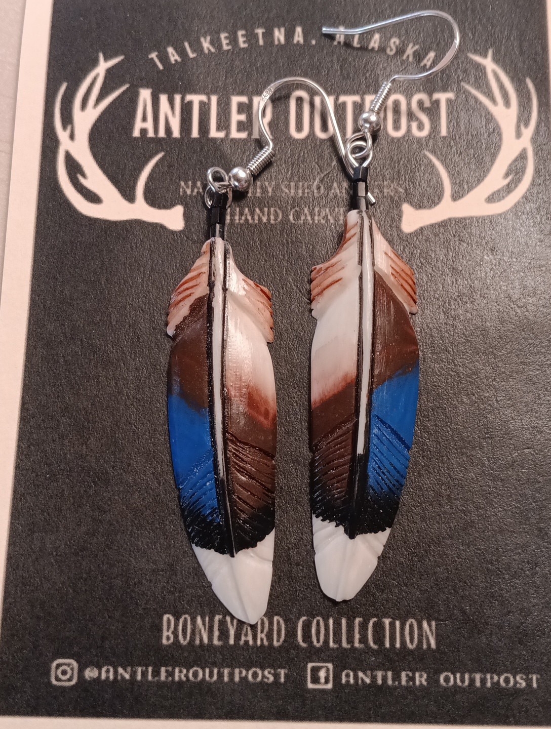 HANDMADE CARVED WATER BUFFALO BONE FEATHER EARRINGS ALASKA BONEYARD COLLECTION