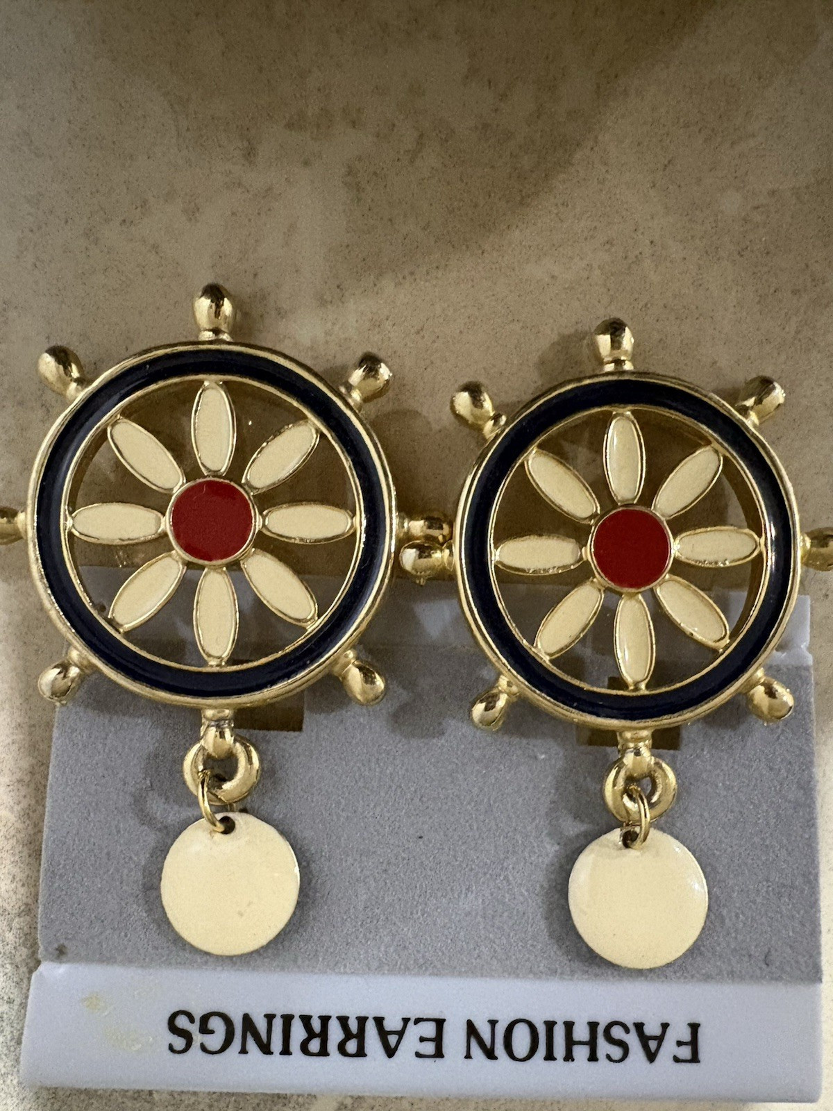 Gold Tone Nautical Ship Wheel Enamel Clip-On Dangle Earrings Multicolor