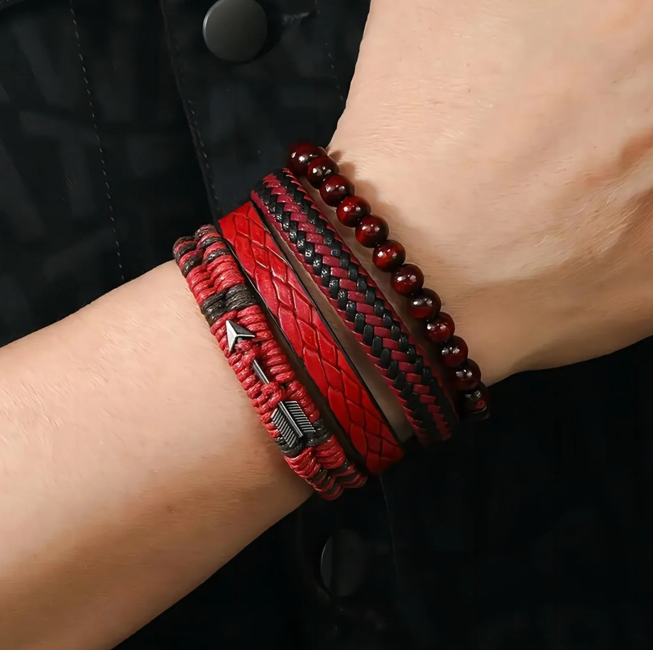 4 pcs Vintage Men’s Leather Bracelet Wooden Beads Cupid Arrow Hand Woven