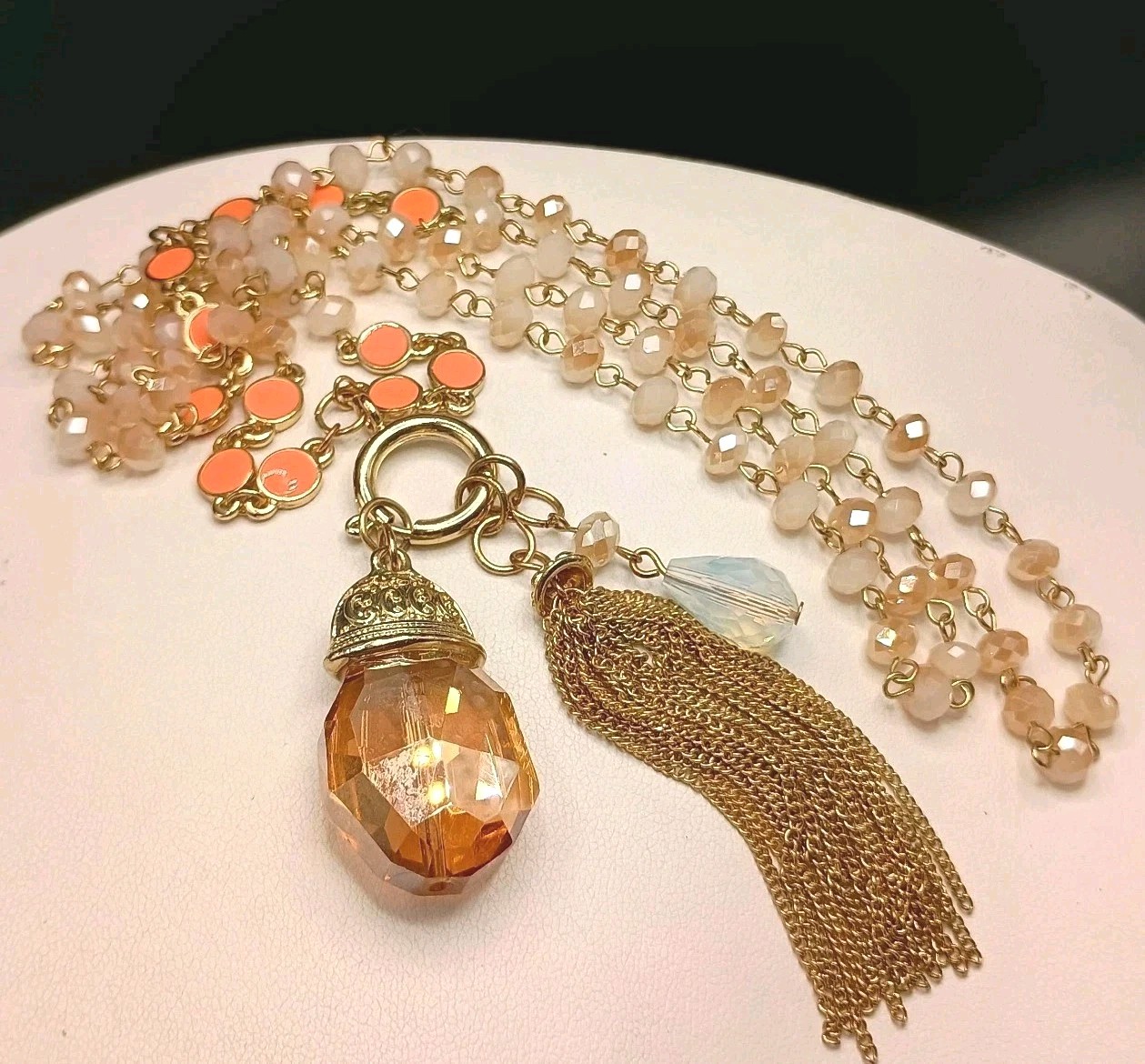 Vintage Beaded Necklace Tassel Opalite & Crystal Charm Pendant Sparkle Long 39″
