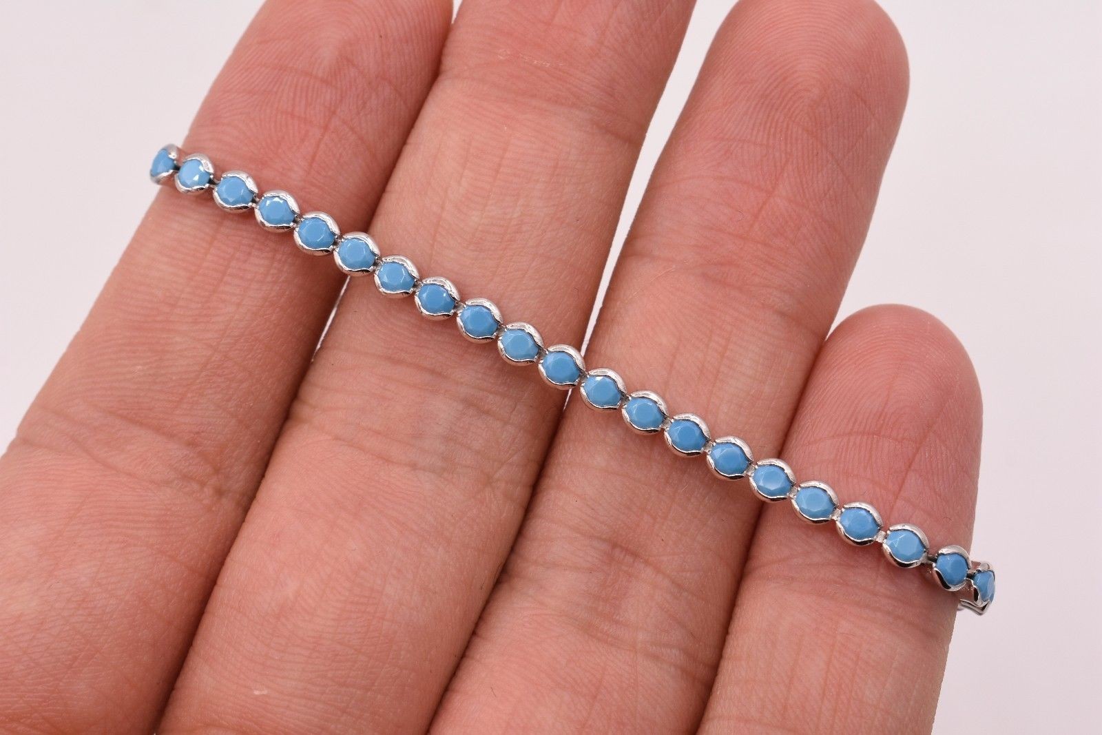3.7mm Turquoise Round Bezel Set Adjustable Tennis Bracelet Sterling Silver 925