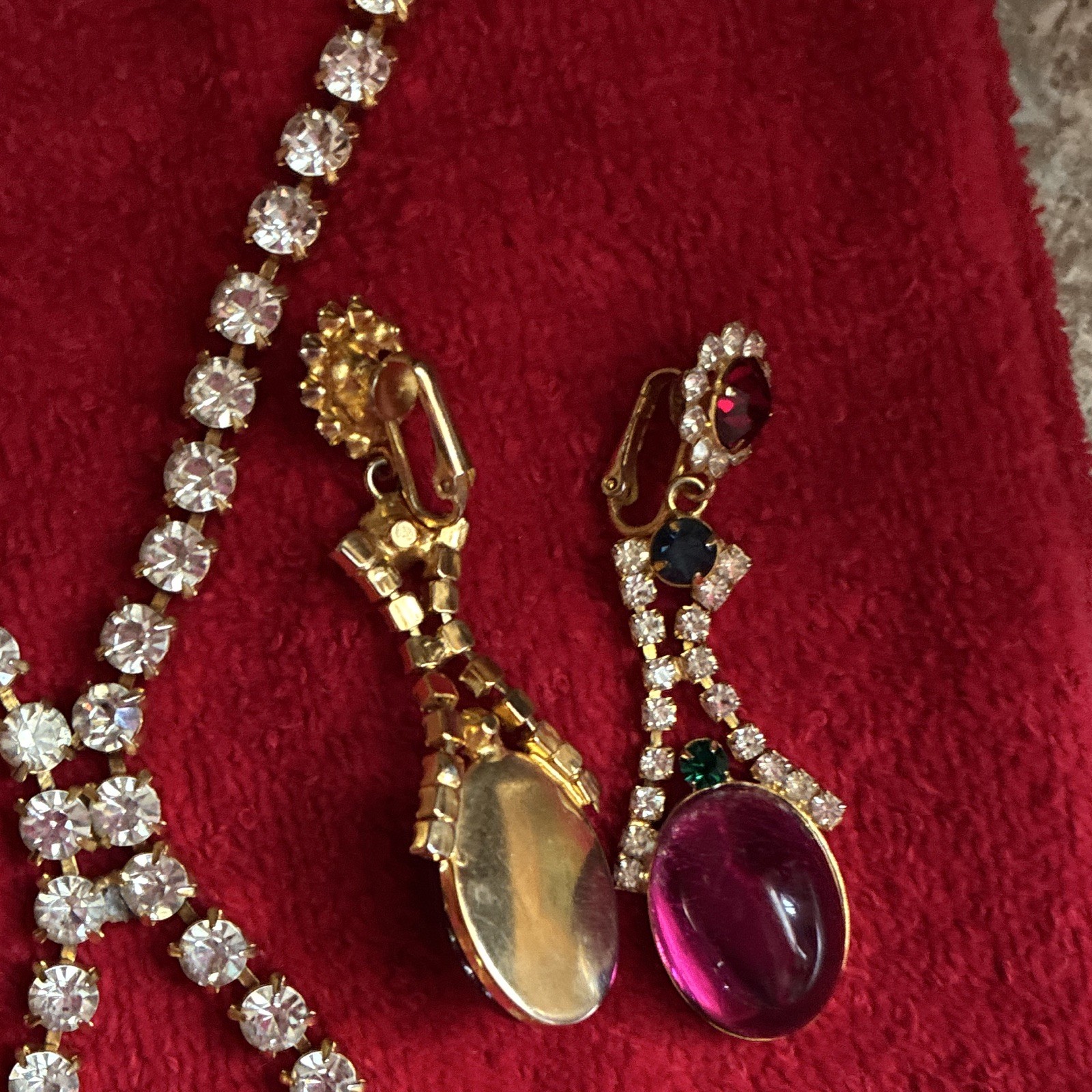 Lucite Red Purple Blue, Vintage 1950s Necklace & Drop Earrings Multicolor set
