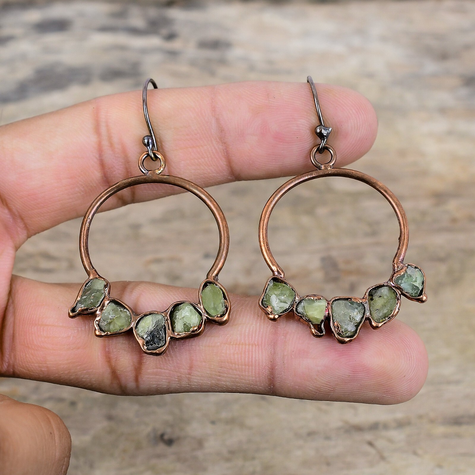 Green Tourmaline Rough Electroformed Earrings Handcrafted Copper Holiday 2.17″