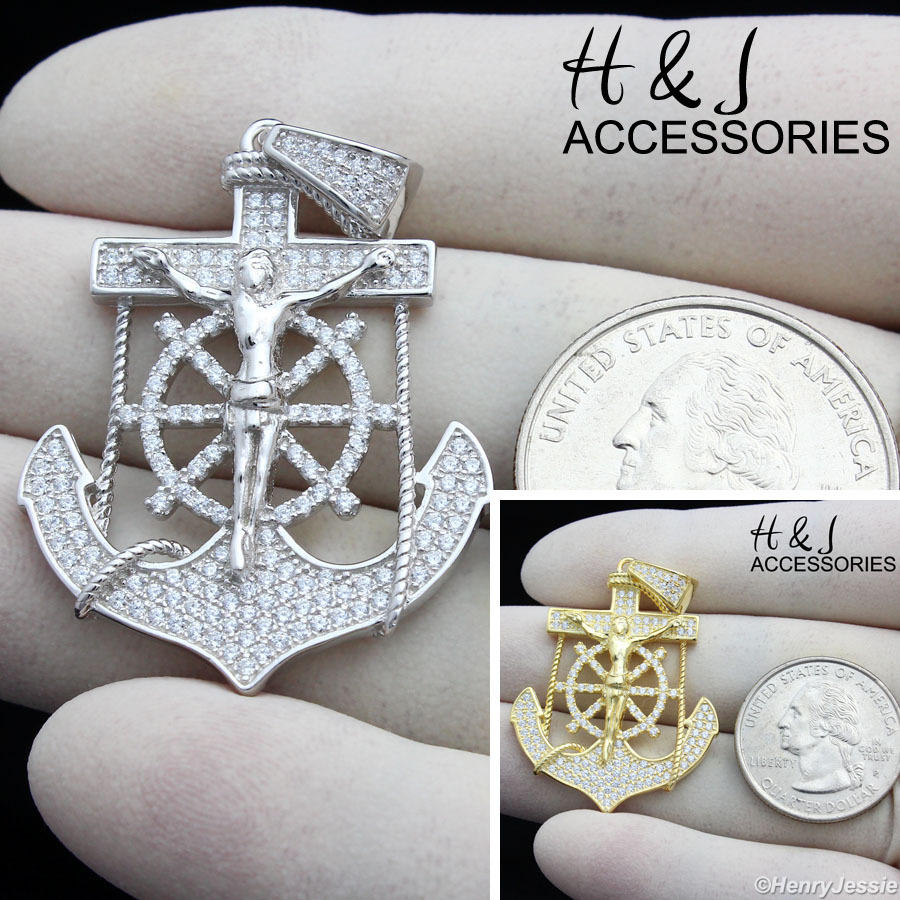 925 STERLING SILVER ICY CZ SILVER/GOLD PLATED ANCHOR JESUS CROSS PENDANT*SP88
